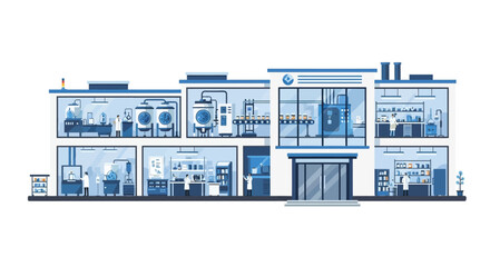 Illustration showcasing an industrial facility with various laboratory and production zones displayed in a cross-sectional view structure
