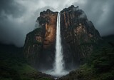 Stormy View of Angel Falls with Dark Clouds and White Rushing Waterfall