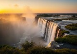 Victoria Falls Wide Shot at Golden Hour with Glowing Mist and Cascading Water
