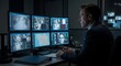 © dreamdes - A man security analyst monitoring cctv footage on multiple computer screens in a dark control room, surveillance concept.