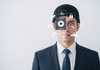 Wall Mural - man in suit with digital icons over face. cybersecurity and data protection. biometric scan and faci