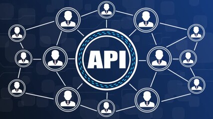API connection network with user icons and central text application programming interface users