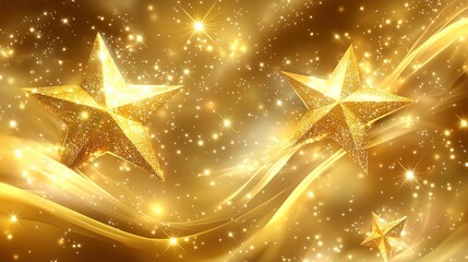 Three golden stars sparkle amid swirling golden light and bokeh effects.