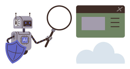 AI robot with magnifying glass examining web interface and shield symbolizing security. Ideal for technology, cybersecurity, AI tools, data analysis, innovation, software, and simple flat metaphor