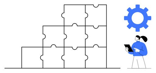 Person with tablet standing near puzzle structure and a blue gear, representing teamwork, organization, problem-solving, innovation, development, project planning, and strategy. Ideal for simple