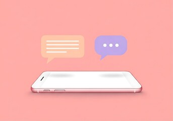 Modern smartphone displaying chat bubbles with communication icons on a soft pink background
