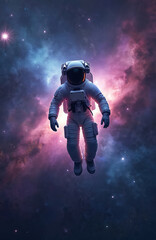 Wall Mural - Astronaut floats in colorful nebula, starry sky. Cosmic exploration, intergalactic journey, fantasy science, outer space discovery. Digital art illustration with deep universe, futuristic themes.