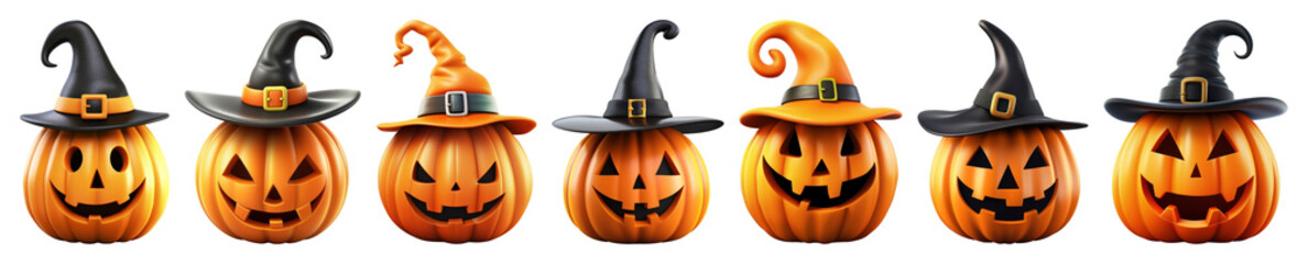Wall Mural - png whimsical pumpkins with witch hats, element set on transparent background