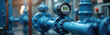 © Vadym - Industrial flow meter with digital display on blue pipe, measuring fluid rate. Part of factory process, shows technology, automation, engineering, manufacturing, and plant equipment.