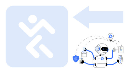 Wall Mural - robot with multiple robotic arms holding tools alongside an arrow and moving worker sign. ideal for 