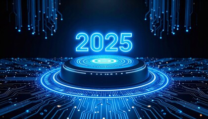 Glowing blue 2025 number on a futuristic technology pedestal with a circuit board background. Digital innovation and future concept art