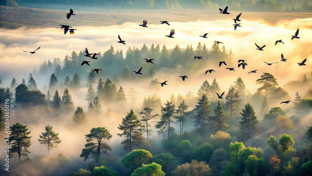 Flock of birds flying over a misty forest at sunrise Stock Photo ...