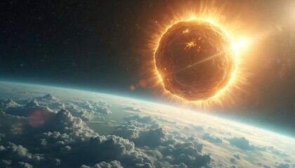 Canvas Print - approaching golden asteroid looms large over earth cloud-covered atmosphere. celestial body emits in