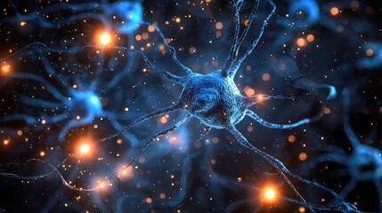 Wall Mural - A blue and orange neuron cell with numerous tendrils in a dark background.