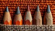© Dev - Close-up of five sharpened pencils in a knitted fabric holder