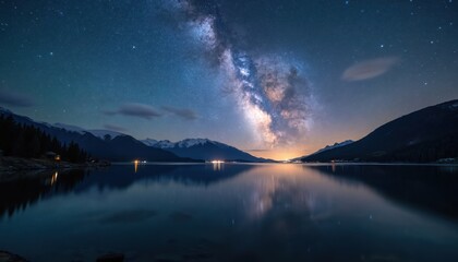 Wall Mural - Captivating Milky Way over calm lake waters under starry night sky. Mountains, trees reflect in the water. Lights twinkle from distant town. Dreamy, serene cosmic scene.