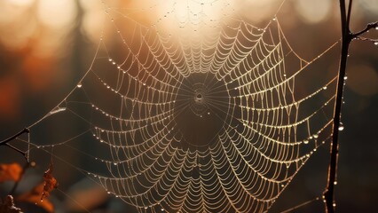Golden Hour's Embrace: An Intricate Spiderweb Adorned with Glistening Dewdrops