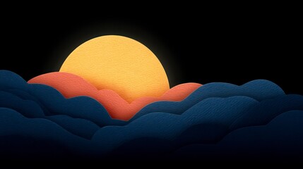 Wall Mural - Stylized sun partially rising over layered orange and blue hills against a black background