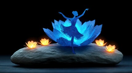 Wall Mural - Silhouette of a ballerina posed inside a glowing blue lotus flower surrounded by lit lanterns