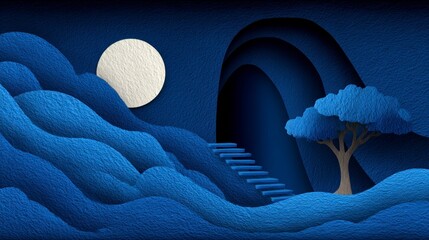 Wall Mural - Blue abstract landscape with moon staircase and tree inside dark cave entrance
