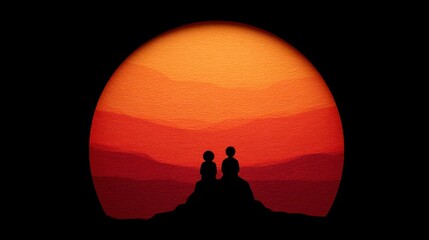 Wall Mural - Two silhouetted figures sit atop a rocky outcrop against a vast gradient sunset sky