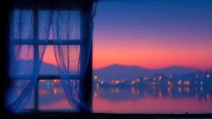 Wall Mural - Window view of a tranquil lake at twilight with mountains and city lights