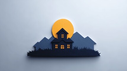 Wall Mural - Dark silhouette house with glowing windows against a bright yellow moon and blue mountains
