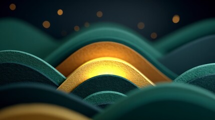 Wall Mural - Abstract layered waves with glowing golden center and bokeh lights background