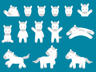  かわいい白馬のベクターイラストセット。干支、十二支、午、うま、アイコン、午年、年賀状