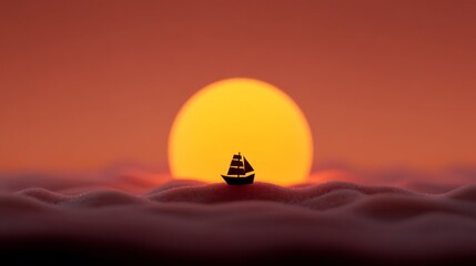 Wall Mural - Silhouette sailboat on textured surface against vast golden sunset sea