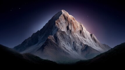 Wall Mural - Majestic mountain peak illuminated by twilight with stars visible in the dark sky 98 characters