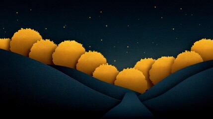 Wall Mural - Stylized dark landscape with rolling hills golden trees and distant stars