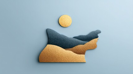 Wall Mural - Textured abstract mountain landscape with golden sun on blue background