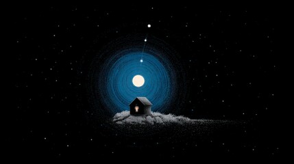 Wall Mural - Small house on a mound under a celestial phenomenon with stars in the night sky