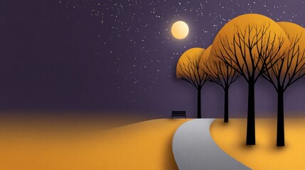 Wall Mural - Serene night landscape with stylized trees moon and a solitary bench on a rolling hill