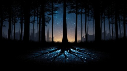 Wall Mural - Dark forest with glowing roots and city skyline under starry night sky