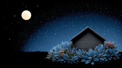 Wall Mural - Dark wooden cabin nestled amongst lush blue foliage under a starry night sky with a large moon