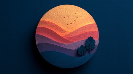 Wall Mural - Colorful layered paper cut landscape with silhouetted trees and birds at sunset