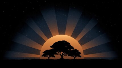 Wall Mural - Silhouette of acacia trees against a large sun with radiating light beams under a starry sky