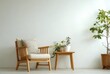 © AndiAzis - Minimalist interior scene featuring a wooden bench and table with potted plants in a bright, airy room