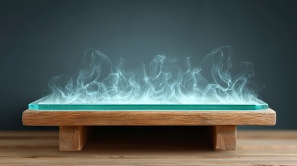 Wall Mural - Wisps of cool blue smoke elegantly rise from a polished glass surface resting on a wooden stand