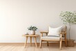 © AndiAzis - Minimalist living room with a cozy white armchair, small wooden side table, potted plant, and light-colored hardwood flooring creating a calm and inviting atmosphere