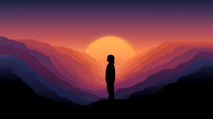 Wall Mural - Silhouette of a person standing on a ridge overlooking layered mountains at sunset with a vibrant sky