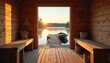 © Vadym - Traditional wooden sauna hut offers serene lakeside views with small boat docked at wooden pier. Warm sunlight streams in, creating peaceful atmosphere. Idyllic Finnish countryside scene evokes