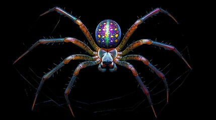 Orb-Weaver Spider, its silk a network of shimmering, iridescent optic fibers, surreal digital web texture, subtle glow from fibers, isolated. 