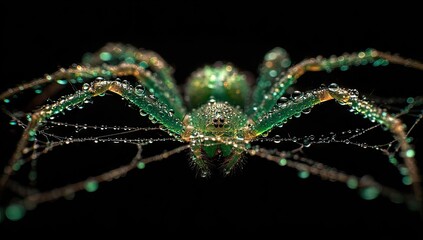 Emerald green spider covered in dew, perched on its web against a black background