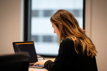 Young programmer writing code on laptop in office by window