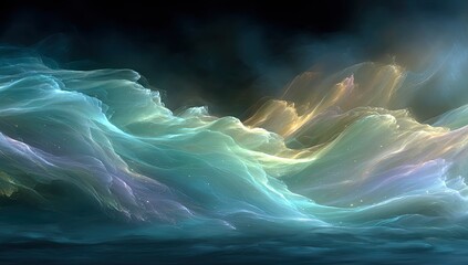 Cosmic landscape, swirling nebulae, ethereal mountain ranges, night sky backdrop