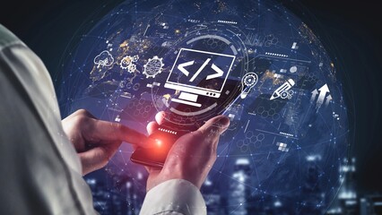 Modern web development concept featuring coding symbols, web development process, web development interface, and web development tools with futuristic design. Muxer