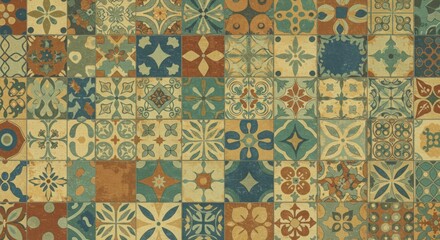 Naklejka na meble A mosaic of decorative square tiles with varying floral & geometric patterns in earthy blues, greens, oranges, & browns, forming a textured surface